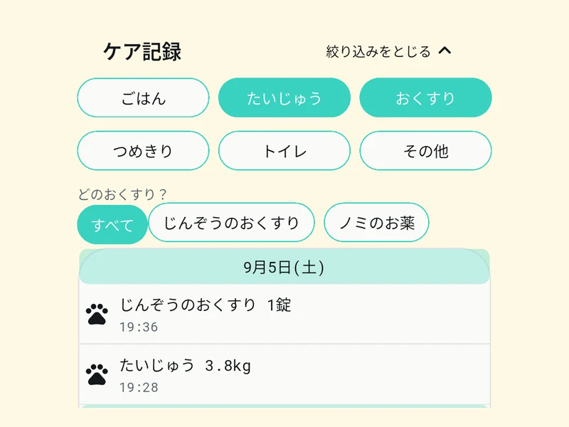 ケア記録を「たいじゅう」「おくすり」で絞り込み、じんぞうのおくすり 1錠 とたいじゅう 3.8kg が並んでいる画面